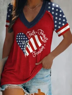 Sale Women's Patriotic Cotton Shirt Graphic Flag Vintage Daily Casual Short Sleeve V Neck Regular Tops Daily Print Black Red Blue Light Grey Summer Spring Women Independence Day Top