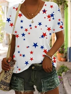 Women's Patriotic Cotton Shirt Graphic Vintage Stylish Classic Sleeveless Short Sleeve V Neck Regular Tops Daily Print Black White Pink Green Beige Summer Spring Women Independence Day Top