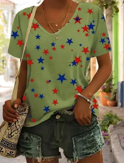 Women's Patriotic Cotton Shirt Graphic Vintage Stylish Classic Sleeveless Short Sleeve V Neck Regular Tops Daily Print Black White Pink Green Beige Summer Spring Women Independence Day Top
