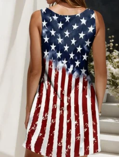 New Women's Patriotic Dress Mini Dress Sundress A Line Dress Off The Shoulder Dress Vacation Casual Boho Party Regular Fit Graphic Flag Geometric Sleeveless U Neck Women Sundresses|Independence Day Dress