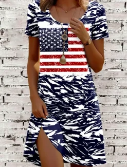 Women's Patriotic Dress Mini Dress Casual Dress T Shirt Dress A Line Dress Stylish Casual Regular Fit Graphic Flag Red White And Blue Short Sleeve Crew Neck Women Independence Day Dress