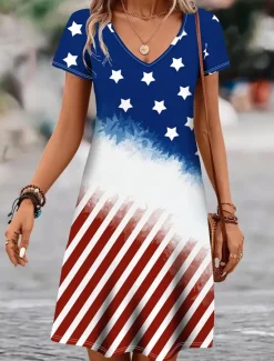 Sale Women's Patriotic Dress Mini Dress Casual Dress Stylish Casual Daily Regular Fit Flag Red White And Blue Short Sleeve Crew Neck Blue Summer Women Independence Day Dress
