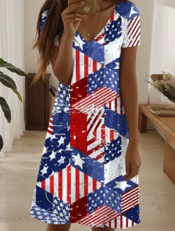 Sale Women's Patriotic Dress Mini Dress Casual Dress Stylish Casual Daily Regular Fit Flag Red White And Blue Short Sleeve Crew Neck Blue Summer Women Independence Day Dress