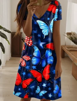 Sale Women's Patriotic Dress Mini Dress Casual Dress Stylish Casual Daily Regular Fit Flag Red White And Blue Short Sleeve Crew Neck Blue Summer Women Independence Day Dress