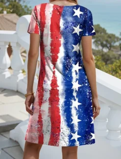 Outlet Women's Patriotic Dress Mini Dress Casual Dress Petite Dress T Shirt Dress Casual Vacation Birthday Casual Loose Fit Flag Red White And Blue Short Sleeve V Neck Women Independence Day Dress