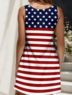 Women's Patriotic Dress Mini Dress Sundress A Line Dress Off The Shoulder Dress Vacation Casual Boho Party Regular Fit Graphic Flag Geometric Sleeveless U Neck Women Sundresses|Independence Day Dress