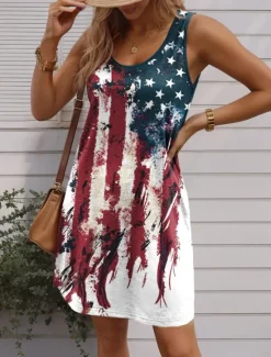 New Women's Patriotic Dress Mini Dress Petite Dress Sundress Tank Dress Summer Dress Casual Vacation Holiday Beach Regular Fit Flag Sleeveless Crew Neck Women Independence Day Dress