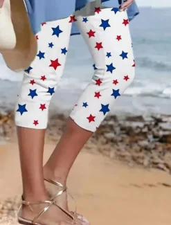 Best Women's Patriotic Leggings Vacation Vintage Fashion Calf-Length High WaistPants Graphic Flag Printing Breathable Soft Stretchy Formal Vacation Office White Red Women Independence Day Bottoms|Leggings