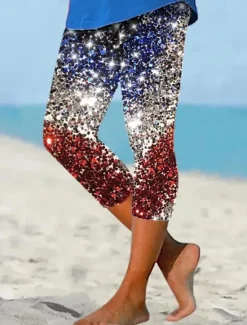 Best Women's Patriotic Leggings Vacation Vintage Fashion Calf-Length High WaistPants Graphic Flag Printing Breathable Soft Stretchy Formal Vacation Office White Red Women Independence Day Bottoms|Leggings