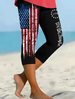 Clearance Women's Patriotic Leggings Capri Pants High Elasticity Ankle-Length Mid WaistPantsAmerican Flag American Flag National Flag Printing Thermal Warm Breathable Soft Women Leggings|Independence Day Bottoms