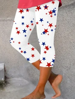 Clearance Women's Patriotic Leggings Beach Shorts Vacation Vintage Fashion Calf-Length High Waist Pants Graphic Star Printing Stretchy Formal Vacation Street Women Independence Day Bottoms|Leggings