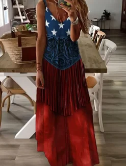 Women's Patriotic Maxi Dress A Line Dress Slip Dress Vacation Casual Daily Holiday Graphic American Flag Sleeveless V Neck Spaghetti Strap White Red Sky Blue Women Independence Day Dress
