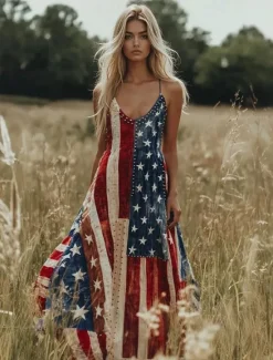 Sale Women's Patriotic Maxi Dress Sundress A Line Dress Slip Dress Vacation Casual Going out Beach Regular Fit Graphic Stars and Stripes National Flag Sleeveless V Neck Women Independence Day Dress