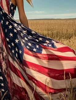Clearance Women's Patriotic Maxi Dress A Line Dress Slip Dress Vacation Casual Boho Beach Form Fit Graphic Flag Vintage Sleeveless V Neck Summer Spring Women Independence Day Dress