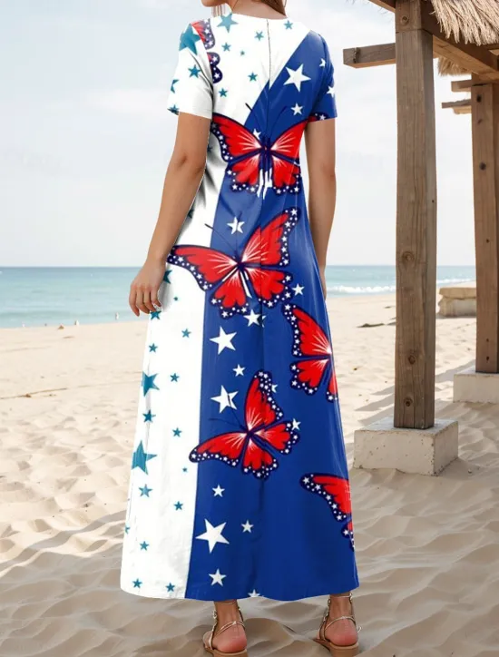 Hot Women's Patriotic Maxi Dress T Shirt Dress Tee Dress Sundress Casual Butterfly Sleeve Beach Regular Fit Graphic Stars and Stripes Short Sleeve Crewneck Red Blue Women Independence Day Dress