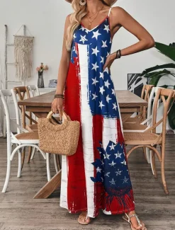 Hot Women's Patriotic Maxi Dress A Line Dress Slip Dress Vacation Casual Outdoor Going out Regular Fit Graphic American Flag Sleeveless V Neck Spaghetti Strap Women Vacation Dresses|Independence Day Dress