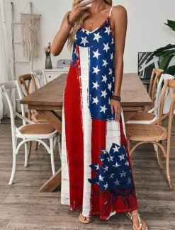 Hot Women's Patriotic Maxi Dress A Line Dress Slip Dress Vacation Casual Outdoor Going out Regular Fit Graphic American Flag Sleeveless V Neck Spaghetti Strap Women Vacation Dresses|Independence Day Dress