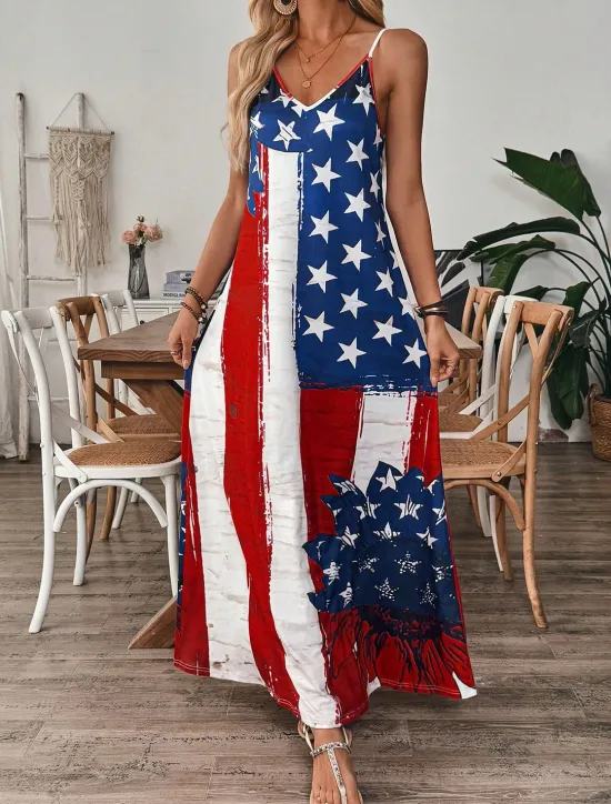 Hot Women's Patriotic Maxi Dress A Line Dress Slip Dress Vacation Casual Outdoor Going out Regular Fit Graphic American Flag Sleeveless V Neck Spaghetti Strap Women Vacation Dresses|Independence Day Dress