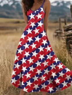 Women's Patriotic Maxi Dress A Line Dress Slip Dress Vacation Casual Daily Holiday Regular Fit Graphic American Flag Sleeveless V Neck Spaghetti Strap Women Independence Day Dress