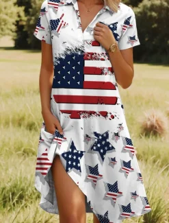 Best Women's Patriotic Midi Dress A Line Dress Vacation Casual Beach Daily Beach Regular Fit Graphic Stars and Stripes Short Sleeve V Neck Red Blue Purple Green Summer Women Independence Day Dress