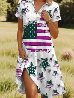 Best Women's Patriotic Midi Dress A Line Dress Vacation Casual Beach Daily Beach Regular Fit Graphic Stars and Stripes Short Sleeve V Neck Red Blue Purple Green Summer Women Independence Day Dress