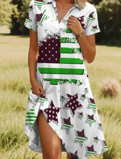 Best Women's Patriotic Midi Dress A Line Dress Vacation Casual Beach Daily Beach Regular Fit Graphic Stars and Stripes Short Sleeve V Neck Red Blue Purple Green Summer Women Independence Day Dress