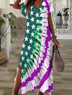 Women's Patriotic Midi Dress T Shirt Dress Tee Dress Sundress A Line Dress Vacation Casual Outdoor Going out Beach Regular Fit Graphic Flag Short Sleeve V Neck Women Independence Day Dress