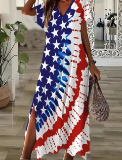 Women's Patriotic Midi Dress T Shirt Dress Tee Dress Sundress A Line Dress Vacation Casual Outdoor Going out Beach Regular Fit Graphic Flag Short Sleeve V Neck Women Independence Day Dress