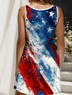 Online Women's Patriotic Mini Dress Sundress Summer Dress Casual Holiday Slim Graphic Flag Sleeveless V Neck Summer Spring Women Independence Day Dress|Sundresses