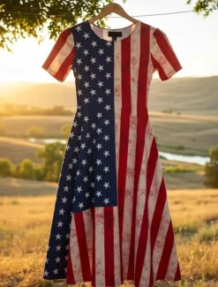 Discount Women's Patriotic Mini Dress T Shirt Dress Sundress Shift Dress A Line Dress Vacation Casual Beach Party BeachFloral Graphic Stars and Stripes Short Sleeve Crew Women Independence Day Dress|Casual Dress