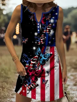 Outlet Women's Patriotic Mini Dress Sundress Summer Dress Casual Holiday Regular Fit Graphic Flag Butterfly Sleeveless V Neck Summer Spring Women Independence Day Dress|Sundresses