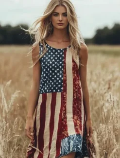 Hot Women's Patriotic Mini Dress Sundress A Line Dress Off The Shoulder Dress Vacation Casual Boho Party Loose Fit Graphic Flag Geometric Sleeveless U Neck Summer Women Casual Dress|Independence Day Dress