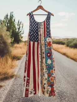 Discount Women's Patriotic Mini Dress Sundress A Line Dress Off The Shoulder Dress Vacation Casual Boho Party Regular Fit Floral Graphic Flag Sleeveless U Neck Red Green Summer Women Independence Day Dress