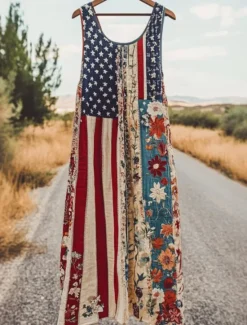 Discount Women's Patriotic Mini Dress Sundress A Line Dress Off The Shoulder Dress Vacation Casual Boho Party Regular Fit Floral Graphic Flag Sleeveless U Neck Red Green Summer Women Independence Day Dress