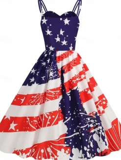 Sale Women's Patriotic Mini Dress A Line Dress Slip Dress Off The Shoulder Dress Casual Outdoor Going out Regular Fit American Flag Sleeveless Spaghetti Strap Women Independence Day Dress|Vacation Dresses