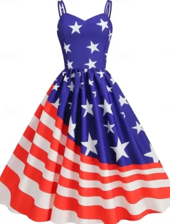 Sale Women's Patriotic Mini Dress A Line Dress Slip Dress Off The Shoulder Dress Casual Outdoor Going out Regular Fit American Flag Sleeveless Spaghetti Strap Women Independence Day Dress|Vacation Dresses