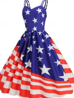 Sale Women's Patriotic Mini Dress A Line Dress Slip Dress Off The Shoulder Dress Casual Outdoor Going out Regular Fit American Flag Sleeveless Spaghetti Strap Women Independence Day Dress|Vacation Dresses