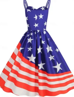Sale Women's Patriotic Mini Dress A Line Dress Slip Dress Off The Shoulder Dress Casual Outdoor Going out Regular Fit American Flag Sleeveless Spaghetti Strap Women Independence Day Dress|Vacation Dresses