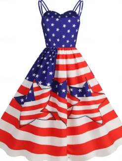 Sale Women's Patriotic Mini Dress A Line Dress Slip Dress Off The Shoulder Dress Casual Outdoor Going out Regular Fit American Flag Sleeveless Spaghetti Strap Women Independence Day Dress|Vacation Dresses