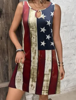 Sale Women's Patriotic Mini Dress Casual Dress Tank Dress Vacation Casual Vacation Daily Regular Fit Flag Sleeveless Crew Neck Summer Women Independence Day Dress