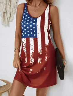 New Women's Patriotic Mini Dress A Line Dress Summer Dress Off The Shoulder Dress Vacation Casual Daily Regular Fit Graphic Flag Sleeveless U Neck Summer Women Sundresses|Independence Day Dress