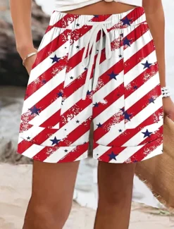 Clearance Women's Patriotic Pants Chinos Shorts Vintage Casual Short Mid WaistPantsAmerican Graphic American Flag Elastic Waist Vacation Street Daily Blue Red Deep Bluet Women Independence Day Bottoms|Shorts