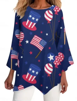 Clearance Women's Patriotic Shirt Flag Stylish Casual 3/4 Length Sleeve Crew Neck Regular Tops Daily Print White Red Navy Blue Blue Summer Spring Women Independence Day Top