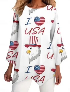 Clearance Women's Patriotic Shirt Flag Stylish Casual 3/4 Length Sleeve Crew Neck Regular Tops Daily Print White Red Navy Blue Blue Summer Spring Women Independence Day Top