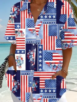 Discount Women's Patriotic Shirt Graphic Flag Vintage Stylish Casual Short Sleeve Shirt Collar Regular Tops Daily White Red Blue Summer Women Independence Day Top