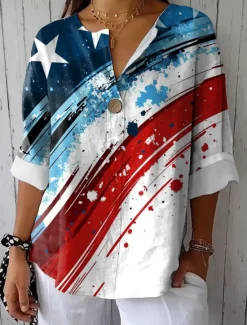 Discount Women's Patriotic Shirt Graphic Flag Vintage Stylish Casual 3/4 Length Sleeve V Neck Regular Tops Daily White Red Blue Summer Spring Women Independence Day Top