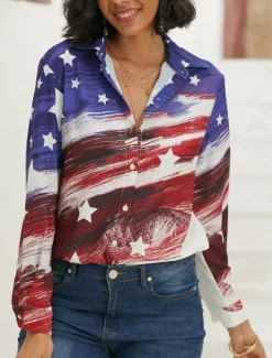 Online Women's Patriotic Shirt White And Blue USA National Flag Button Print White And Blue Long Sleeve Daily Weekend Streetwear Casual Shirt Collar Regular S Women Independence Day Top
