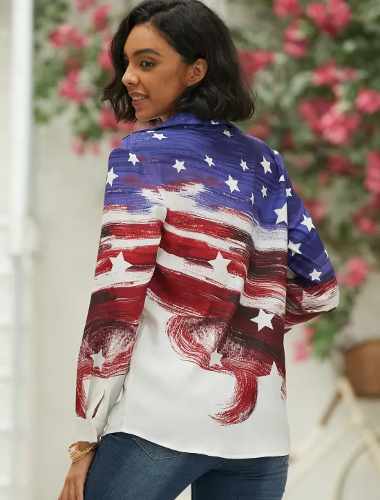 Online Women's Patriotic Shirt White And Blue USA National Flag Button Print White And Blue Long Sleeve Daily Weekend Streetwear Casual Shirt Collar Regular S Women Independence Day Top