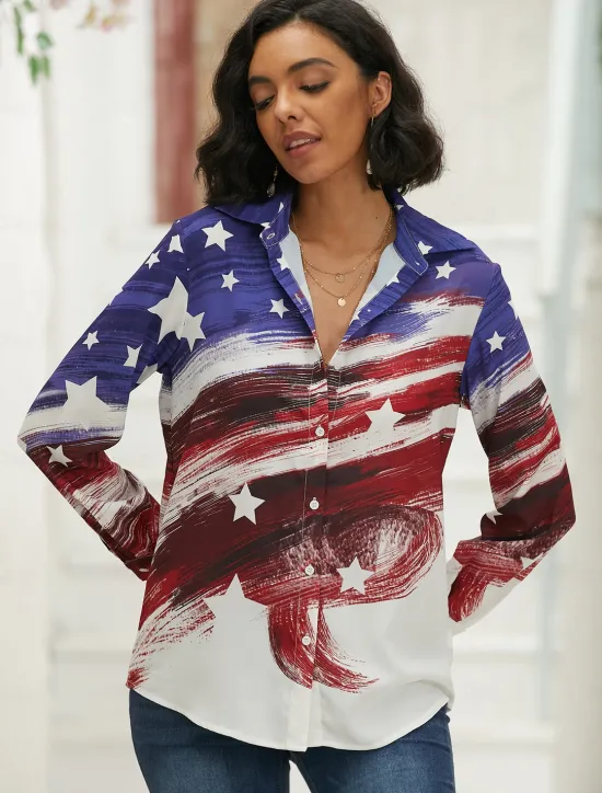 Online Women's Patriotic Shirt White And Blue USA National Flag Button Print White And Blue Long Sleeve Daily Weekend Streetwear Casual Shirt Collar Regular S Women Independence Day Top