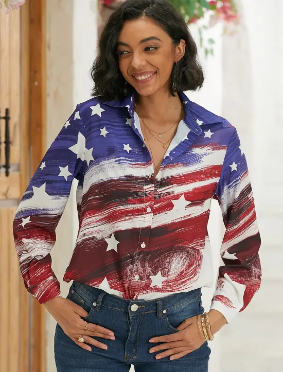 Online Women's Patriotic Shirt White And Blue USA National Flag Button Print White And Blue Long Sleeve Daily Weekend Streetwear Casual Shirt Collar Regular S Women Independence Day Top